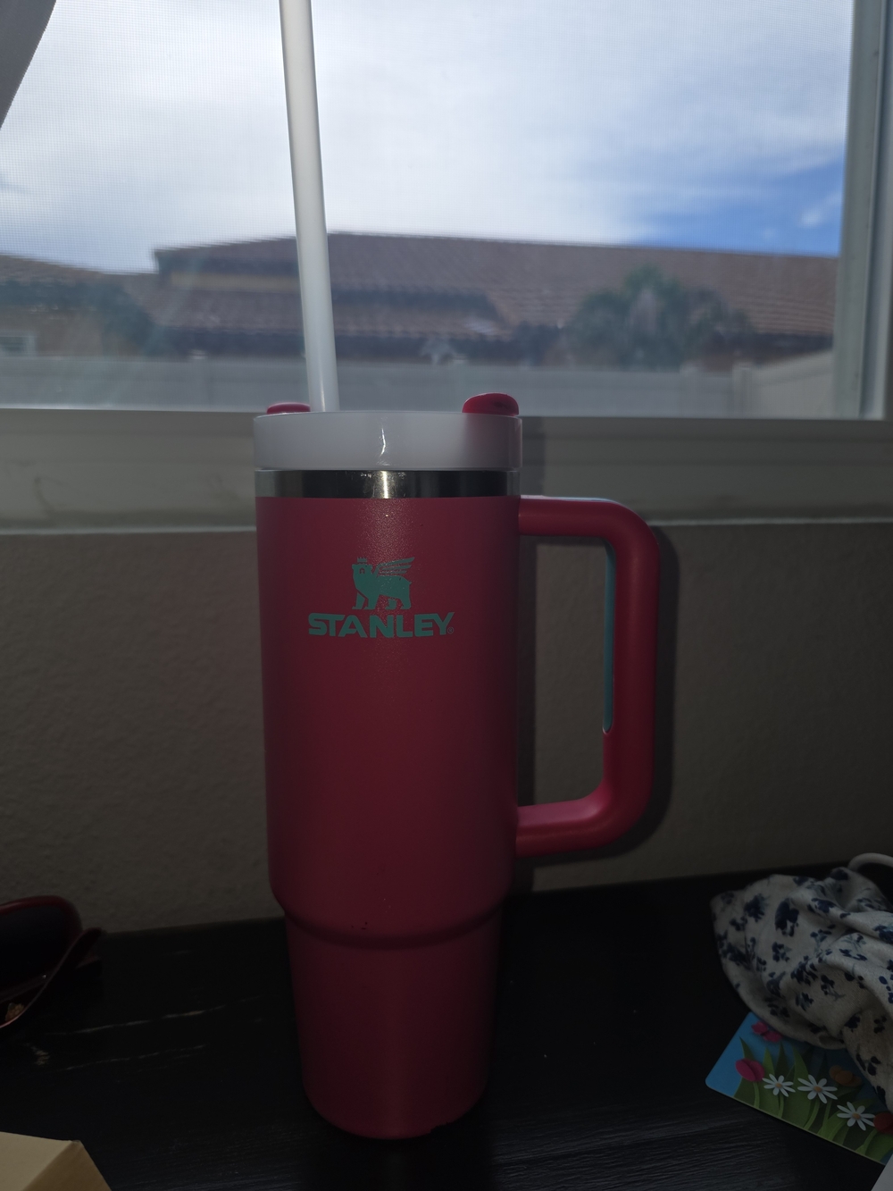 Stanley Pink Travel Mug with Handle and Straw